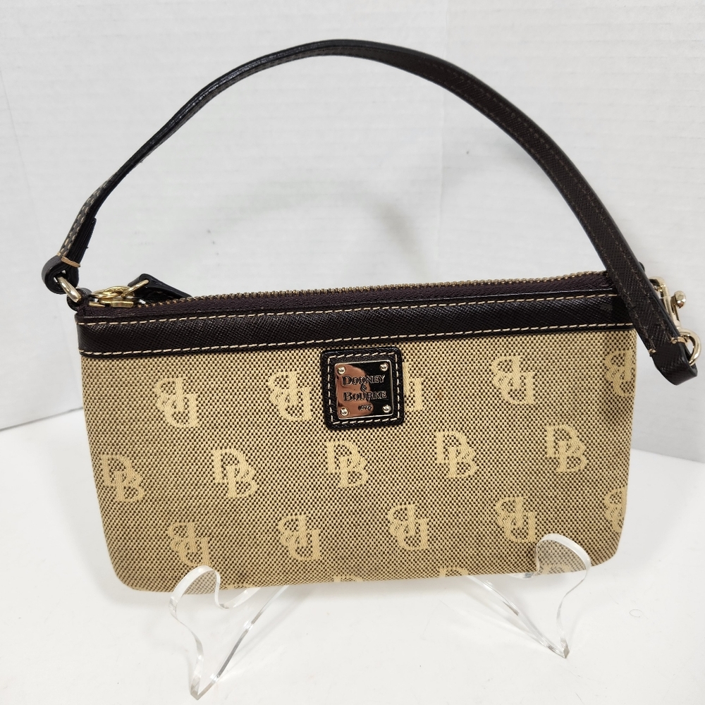 Dooney Bourke Canvas Sig Db Tan Brown Wristlet Euc - image 1